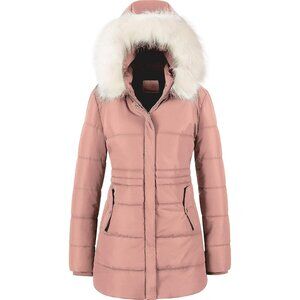 Women's Pink Puffer Jacket Coat Waterproof Snow Removable Faux Fur Trim Hood